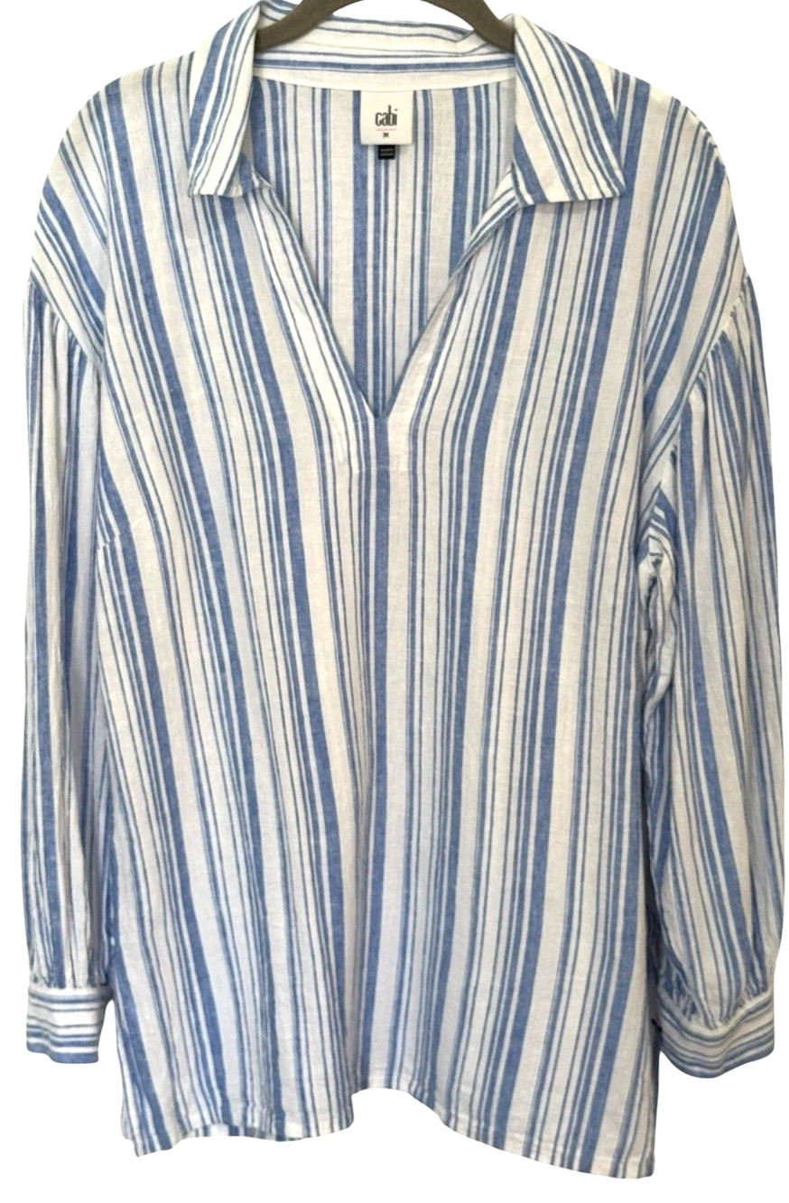 Cabi Linen Blend Shirt Women Size M Blue White Stripe V-Neck Long Sleeve Beach